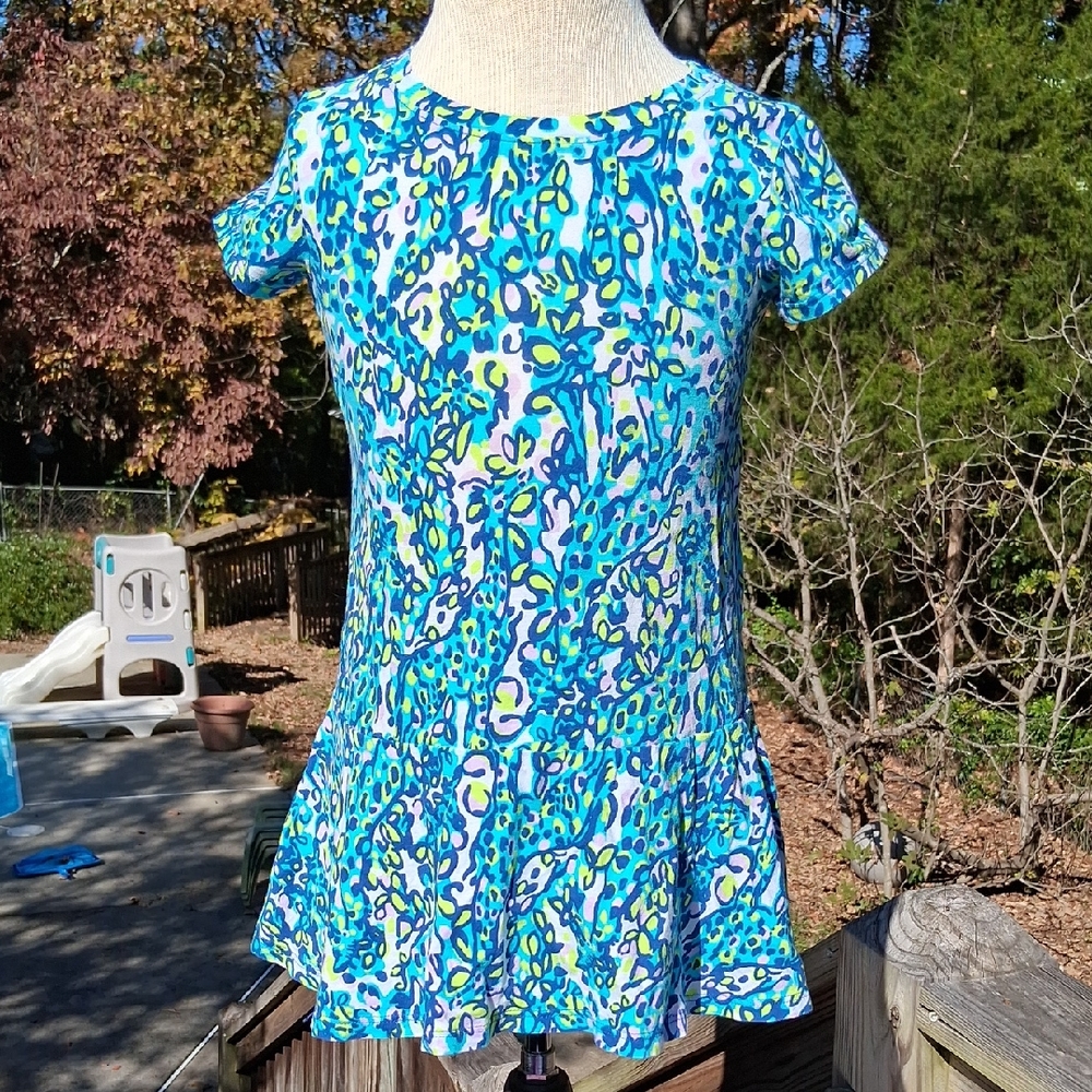 Blue & Green Lilly Pulitzer Dress, Floral w Giraffe, Short Sleeves, Ruffle, Sz S